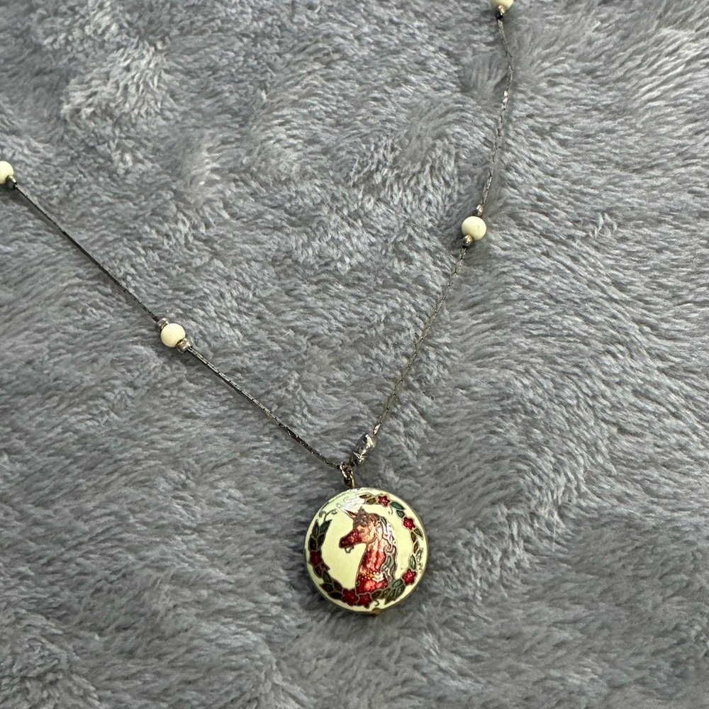 Vintage 80s Cloisonne Unicorn Enamel Pendant Necklace‎ Silver Tone Chain Beaded